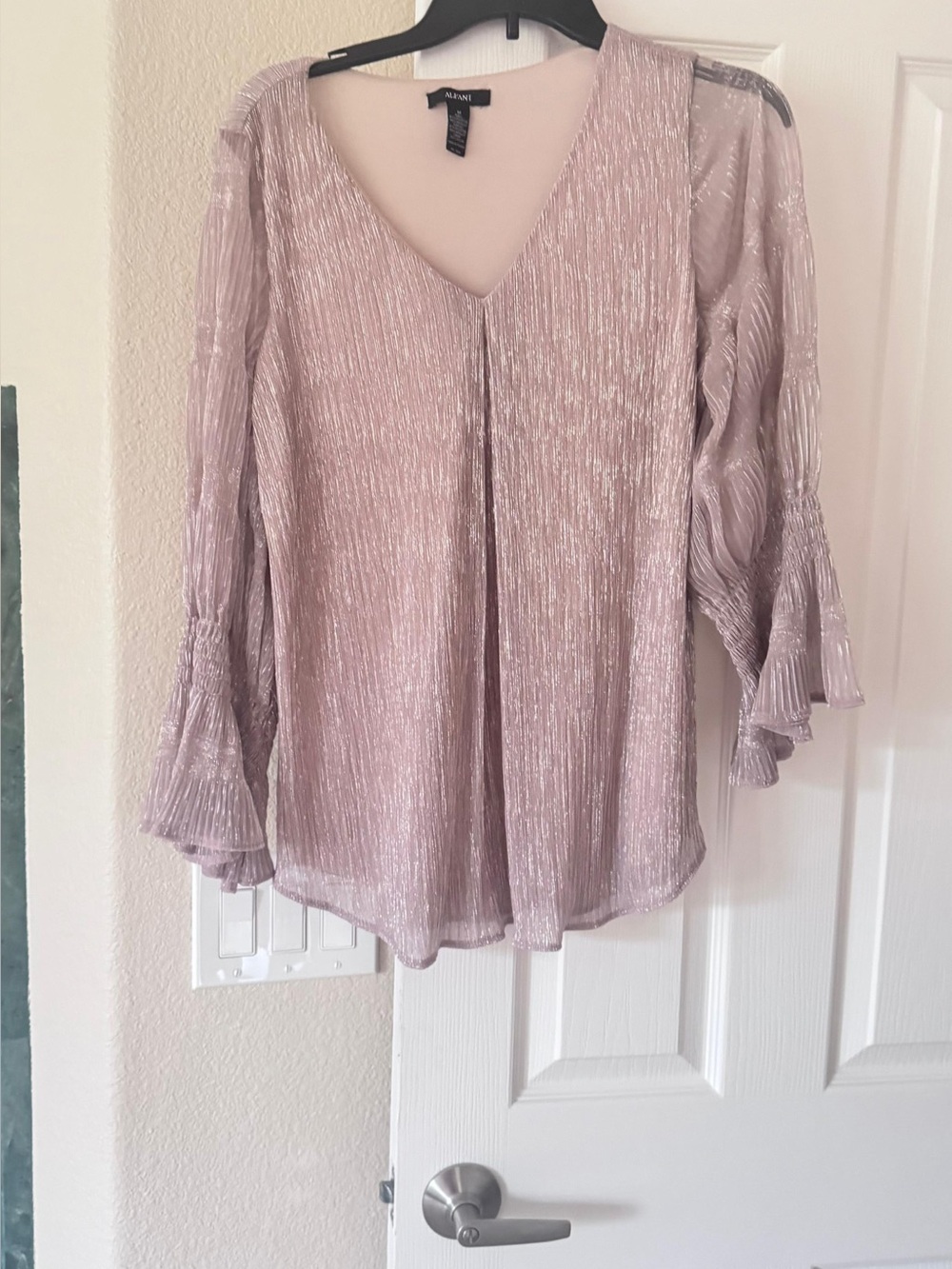 Alfani Metallic Lavender V-Neck Pleated Bell-Sleeve Top

size M